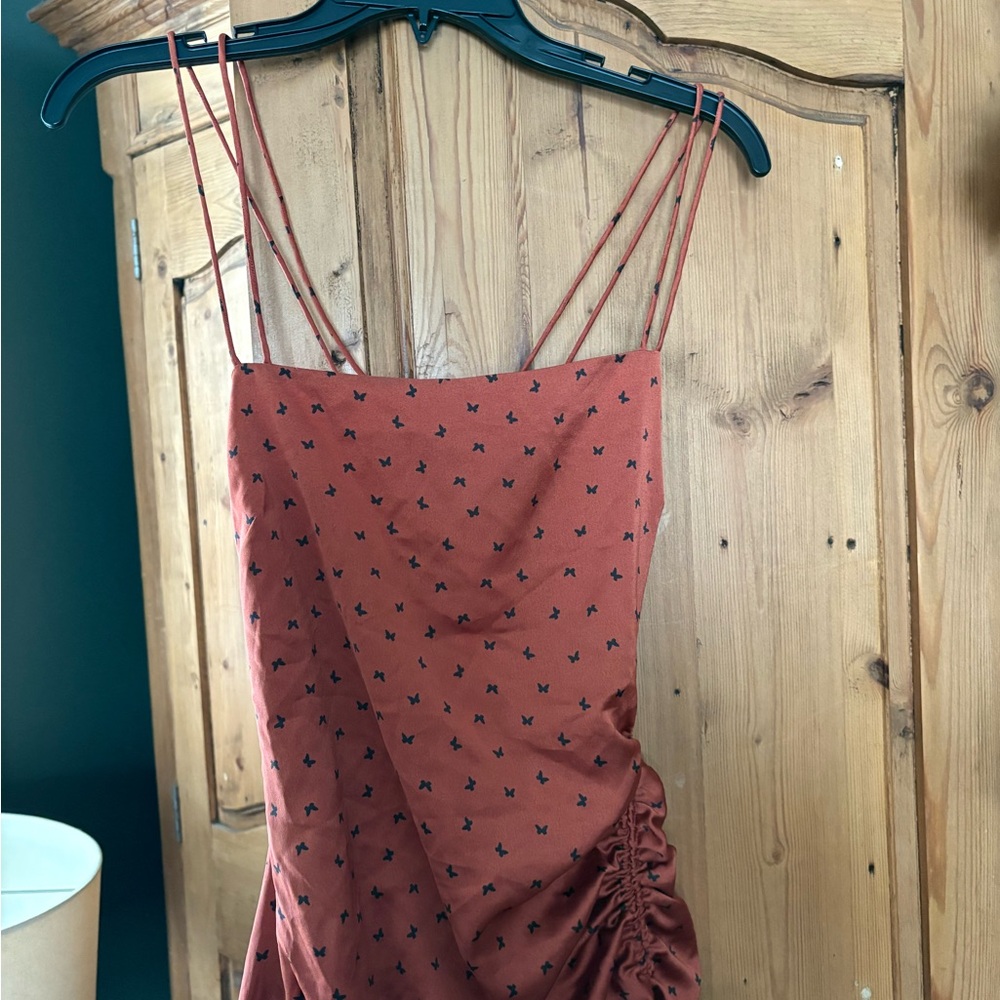 Rust Red Slip Dress with Butterfly Micro Print